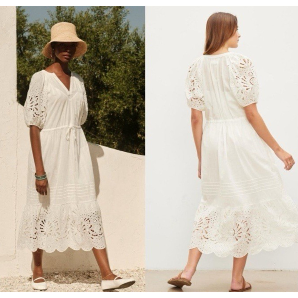 Velvet Dress XS Nadia Embroidered Cotton Lace Eyelet Midi White Pockets
